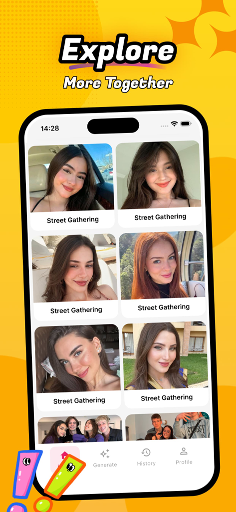 Interface of Wiloo app showing the explore page with various portraits of friends tagged as street gatherings.