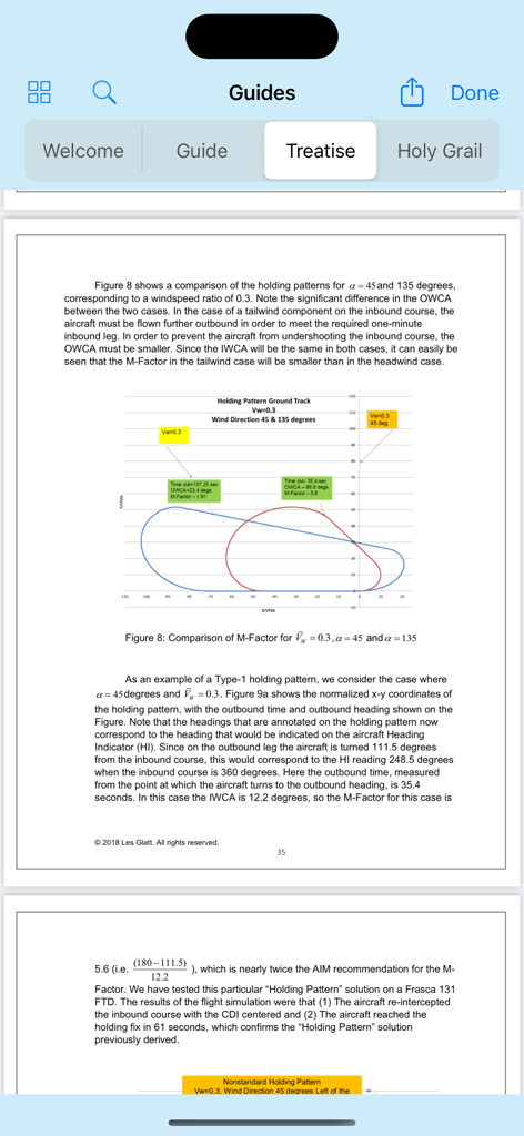 Technical aviation guide in the Holding Pattern Computer app displaying a ground track comparison graph for different wind conditions.