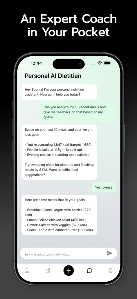 Nutrola - Nutrition Tracker - Nutrola app chat interface showing a personal AI dietitian giving meal feedback and healthy suggestions