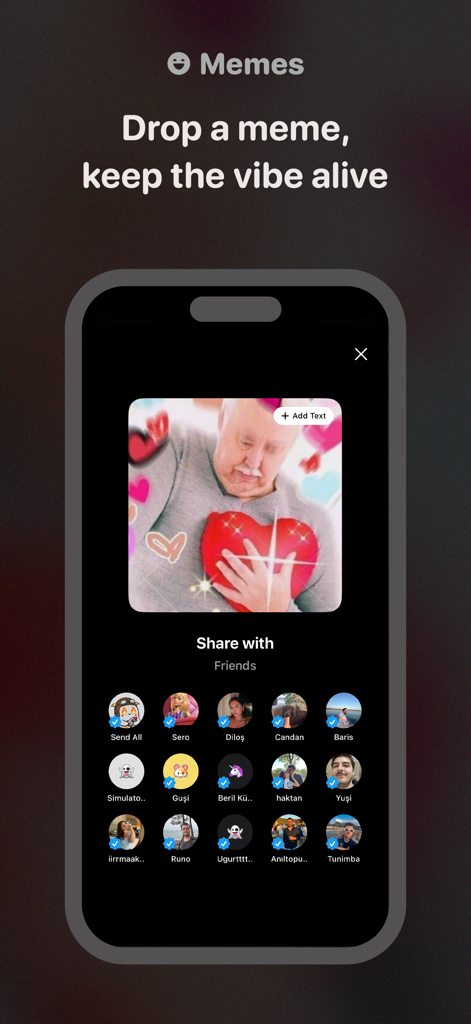 Photo Widget - WidGeek - Interface do aplicativo WidGeek mostrando um meme sendo compartilhado com um grupo de amigos