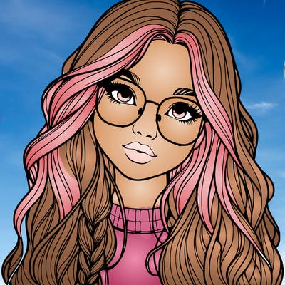 girl with long hair and freckles and glasses realistic
