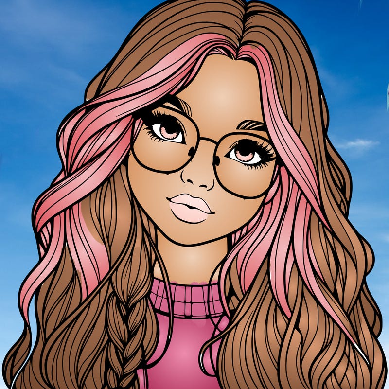 girl with long hair and freckles and glasses realistic