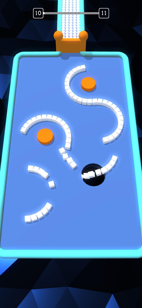 Un agujero negro tragando bloques blancos en un tablero de juego azul en Color Hole 3D