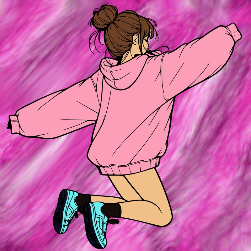 realistic girl jumping with a bun and oversized sweatshirt