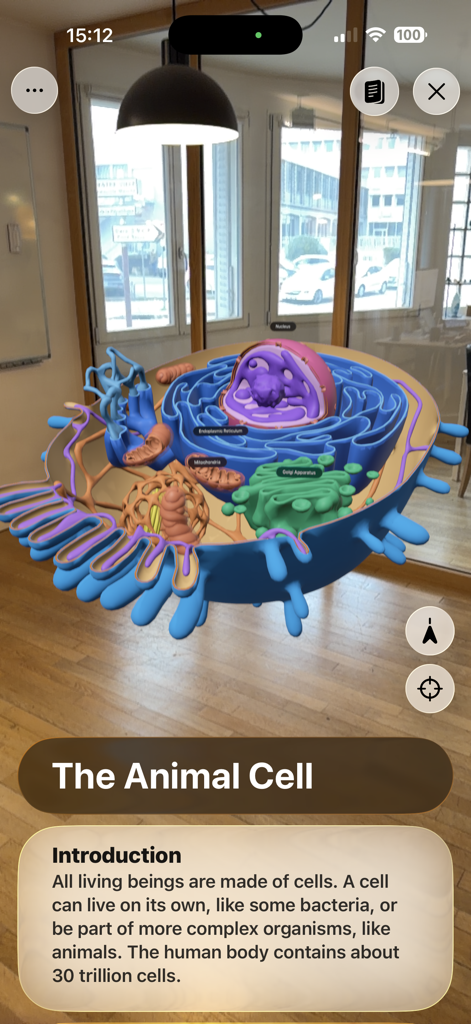 Ein 3D-Augmented-Reality-Modell einer Tierzelle, das in einem Klassenzimmer durch die Foxar-App angezeigt wird.