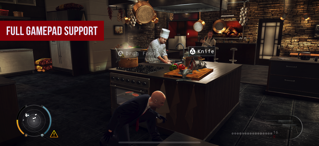 Hitman: Absolution - Agent 47 sneaking in a kitchen with gamepad control prompts in Hitman Absolution