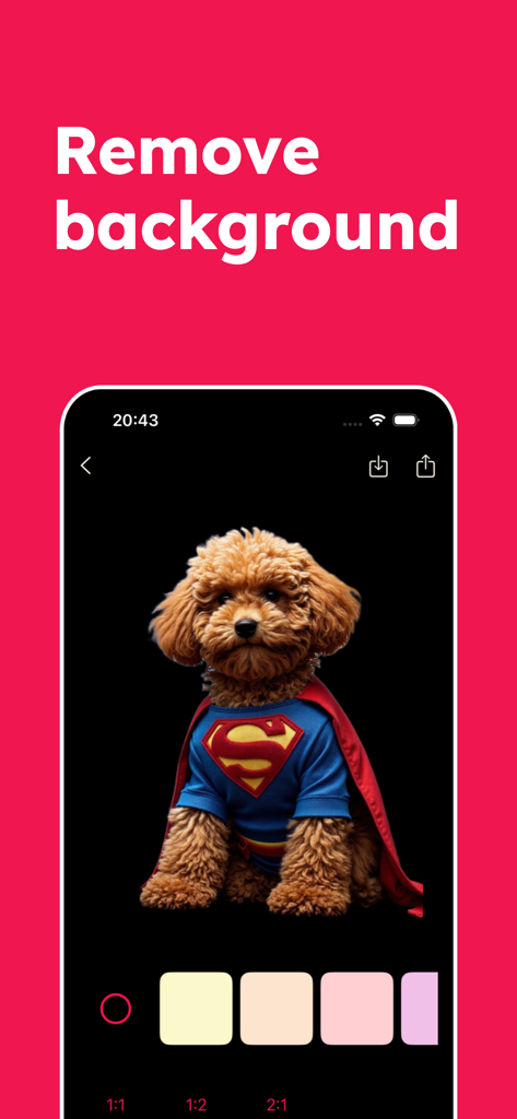 Mobile app interface demonstrating the background removal feature with a poodle in a superhero costume