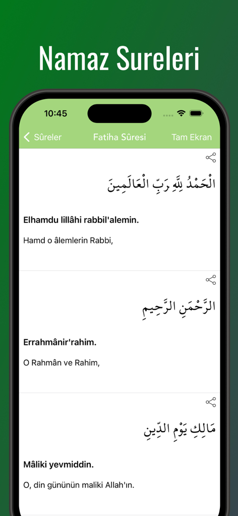 Interface of the Namaz Sure ve Dualari Sesli app displaying the Fatiha Surah with Arabic text and Turkish translation