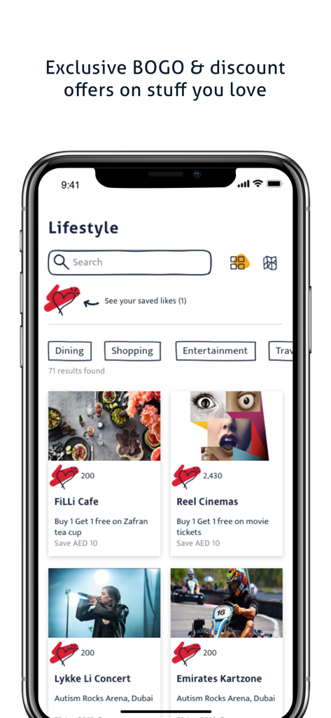 swyp UAE - swyp UAE app lifestyle screen showing dining and entertainment BOGO discount offers