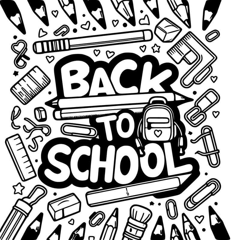 hollow text "back to school" with school supplies.