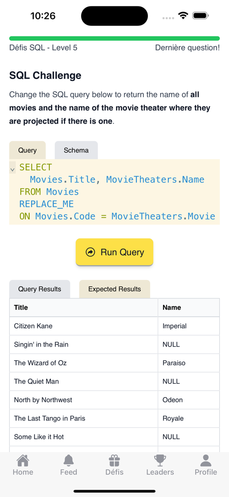fata - A mobile interface of the fata app showing an interactive SQL coding exercise with a code editor and expected results table