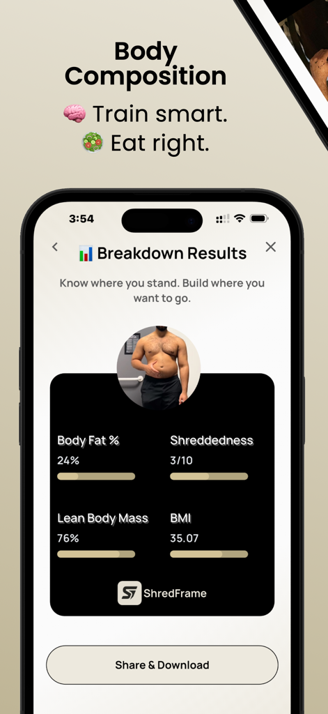 Interface de l'application ShredFrame montrant les métriques de composition corporelle par IA telles que le pourcentage de graisse corporelle et la masse maigre