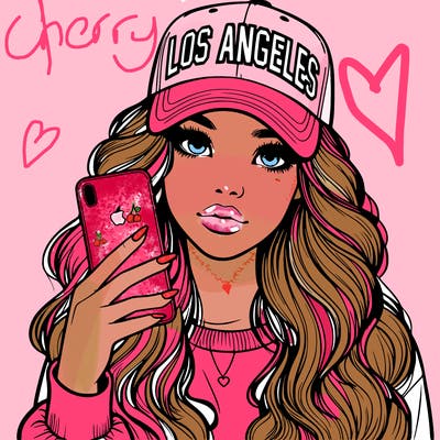 realistic beautiful girl wearing los ángeles cap holding an iphone