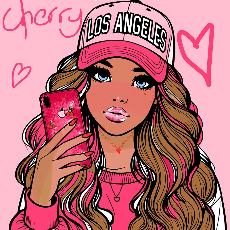 realistic beautiful girl wearing los ángeles cap holding an iphone