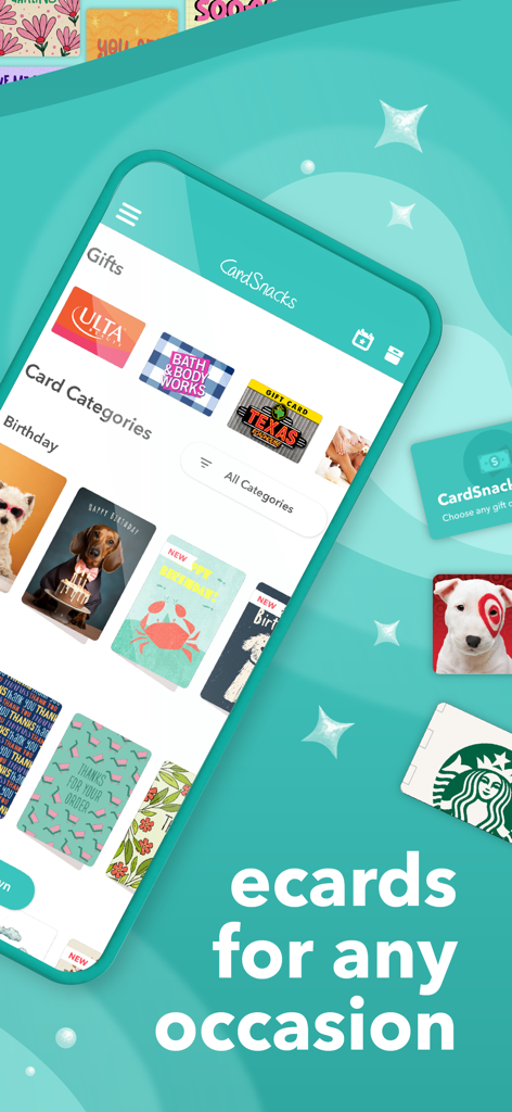 CardSnacks: ecards, greetings - CardSnacks mobile App-Oberfläche zeigt eine Auswahl an digitalen Grußkarten und Geschenkkarten von Einzelhändlern