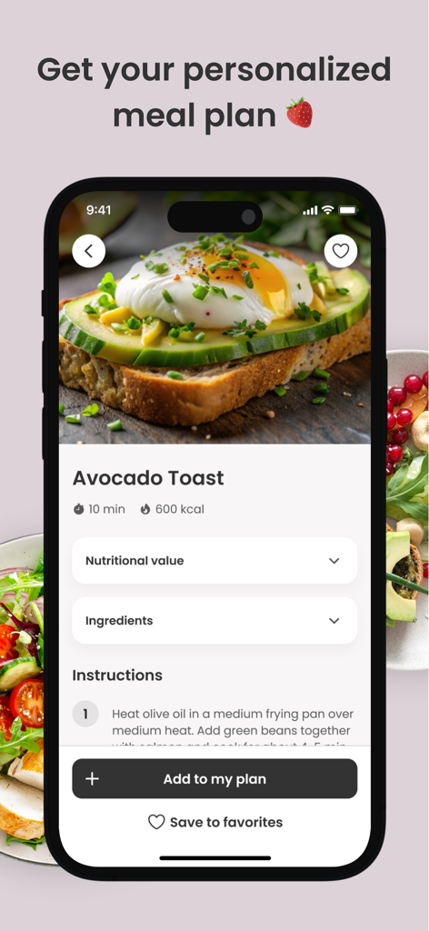 Écran du plan de repas personnalisé dans l'application MyBody montrant une recette de toast à l'avocat avec le compte des calories et les instructions de préparation.