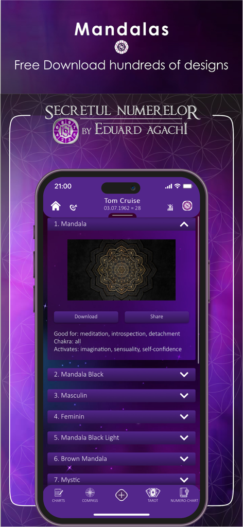 The Secret of Numbers - Pantalla de descarga de diseños de mandala en la aplicación El Secreto de los Números