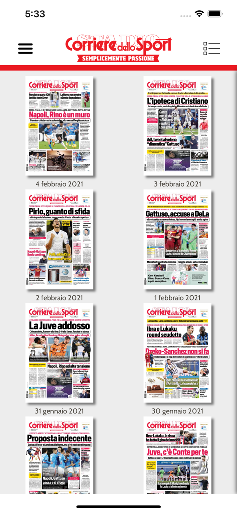 Archivos de periódicos digitales en la aplicación Corriere dello Sport HD que muestran una cuadrícula de ediciones de noticias deportivas diarias.