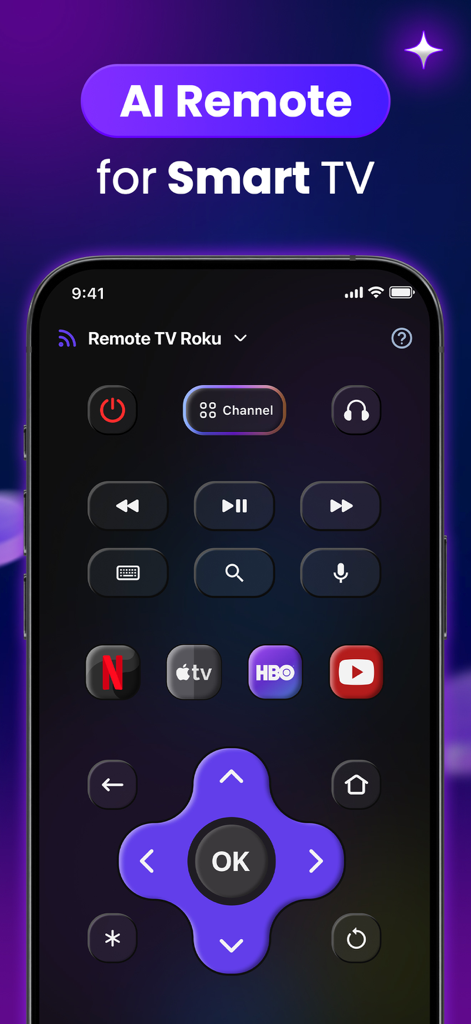 Roly app interface showing an AI-powered smart TV remote control on an iPhone with streaming service shortcuts