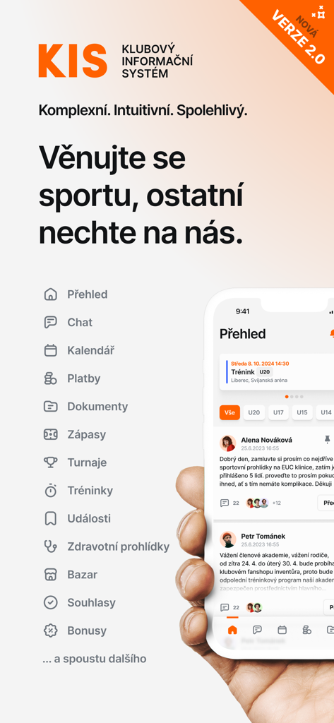KIS - Mobile interface of the KIS sports club management app showing features like training schedules payments and club chat