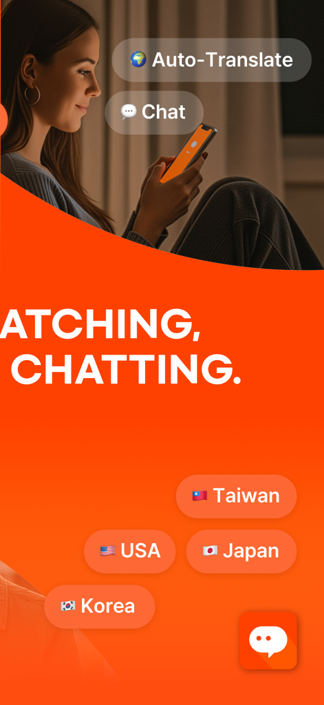 A woman using the DaTalk app highlighting its auto-translate and global chat features with international flags.