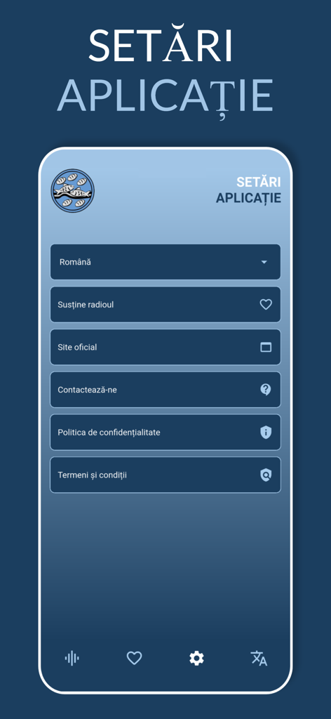 Radio Micul Samaritean - App settings screen for Radio Micul Samaritean showing Romanian language selection and support options.
