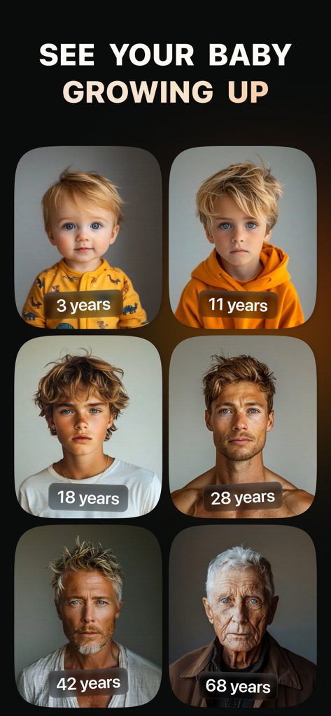 Visify - AI Photo Enhancer - Simulazione di invecchiamento AI che mostra un uomo in diverse età, dai 3 ai 68 anni