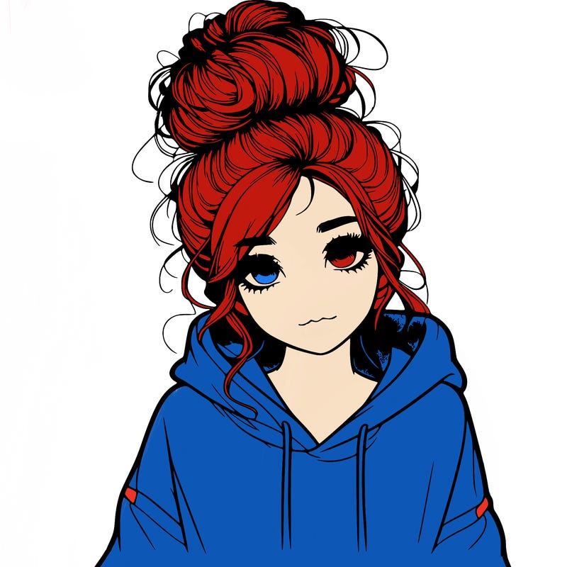realistic girl with a massy bun and a hoodie