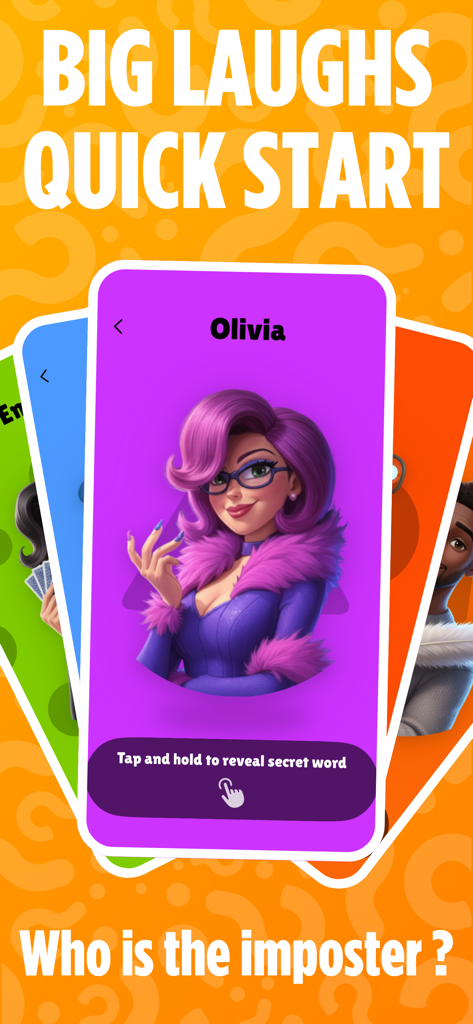 CapIt Impostor game screen with character card Olivia and instruction to tap to reveal secret word
