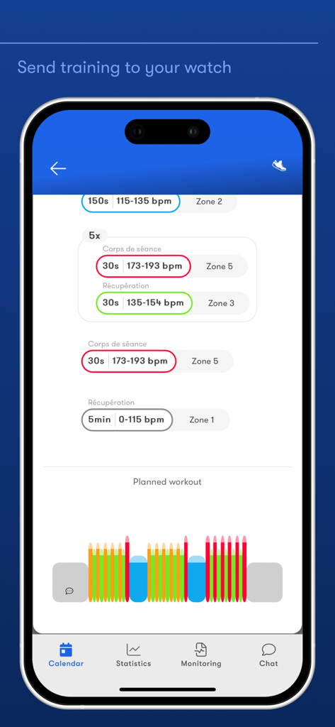 Nolio - Interfaz de la aplicación Nolio que muestra un entrenamiento por intervalos planificado con zonas de frecuencia cardíaca y un gráfico visual.