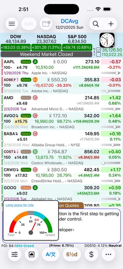 DCAvg - Mobile dashboard for DCAvg app showing stock watchlist and fear greed index