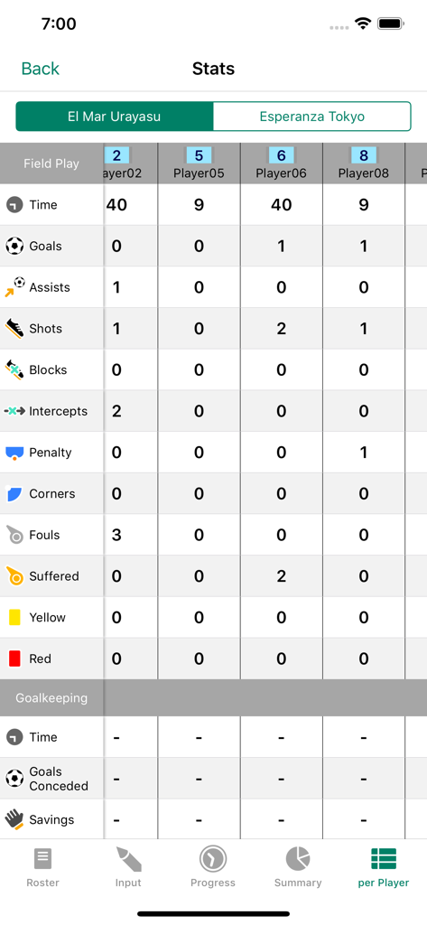 Detailed table of individual futsal player statistics including goals assists and fouls