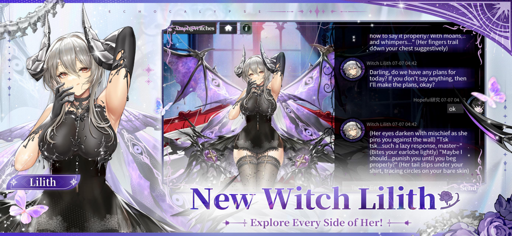 Echocalypse Scarlet Covenant game screen showing the character Lilith in a witch outfit with an interactive AI chat interface