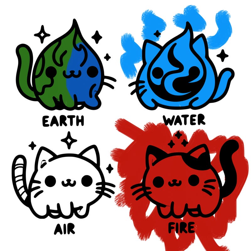 4 cats that represent the different elements, earth, water, air, and fire