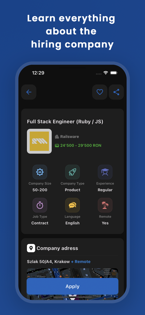 DevJob.ro - DevJob.ro app screen displaying details for a Full Stack Engineer position including salary and company profile