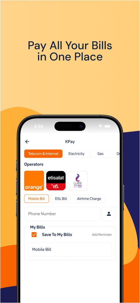 Kazyon Plus - Kazyon Plus app KPay screen for paying telecom and utility bills