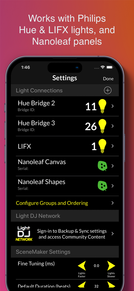 Settings screen of the Light DJ app showing connection options for Philips Hue LIFX and Nanoleaf lights