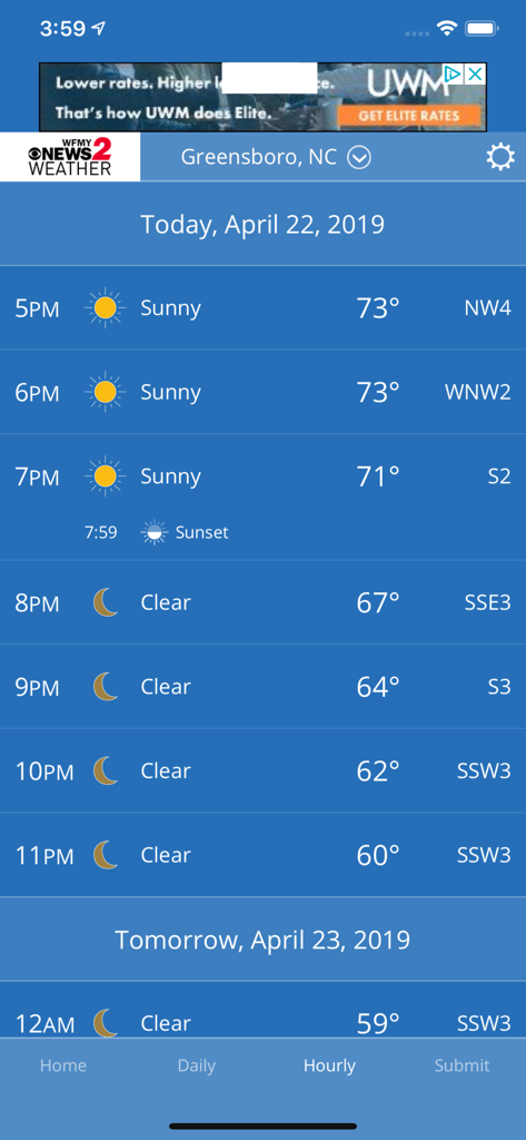WFMY Radar app hourly weather forecast screen for Greensboro North Carolina