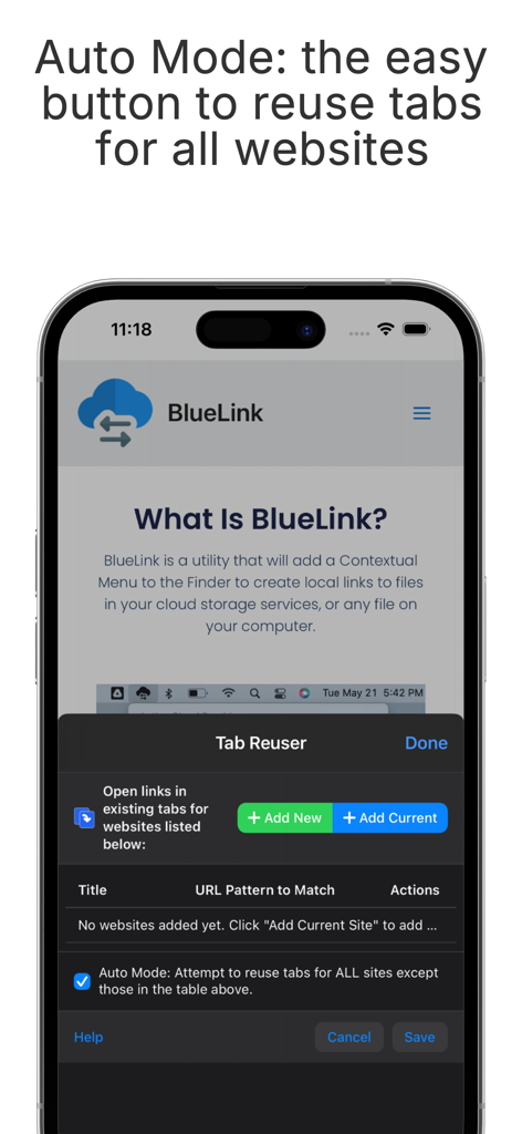 Tab Reuser - Tab Reuser app interface on iPhone highlighting the Auto Mode feature for automatic tab reuse
