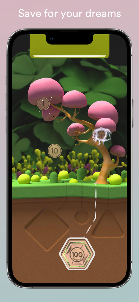 Tjing - Fun pocket money - A colorful 3D interest tree in the Tjing app with virtual coins representing growing savings