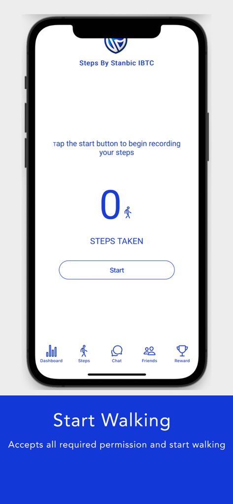 Steps By Stanbic IBTC mobile app interface showing zero steps taken and a start button to begin recording activity