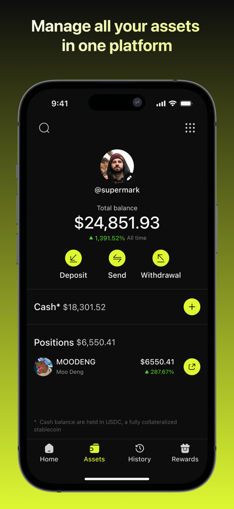 A screenshot of the DexToro app showing a user's total crypto balance and current memecoin positions in a sleek dark mode interface