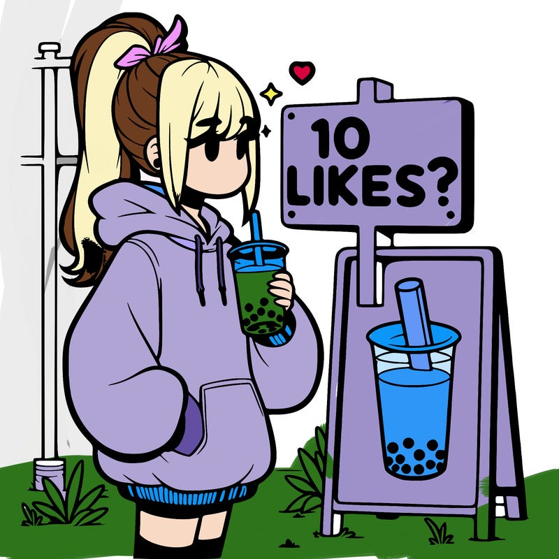 girl with oversized hoodie drinking boba and she has a high ponytail with a sign that says 10likes?