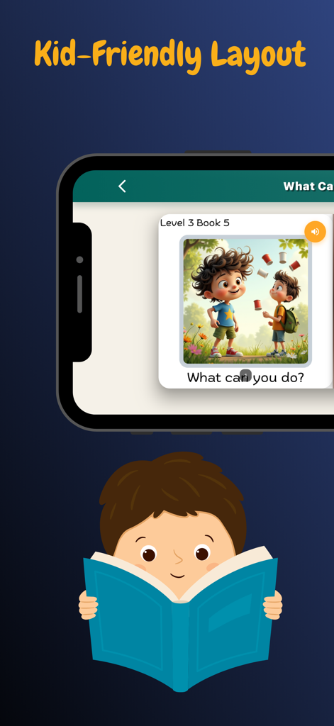 Interfaz de aplicación móvil que muestra un diseño amigable para niños para la lectura de fonética con una ilustración infantil.