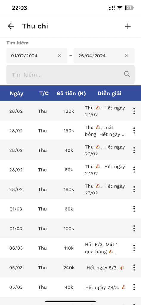 Sport Connect - A interface de rastreamento de receitas e despesas do aplicativo móvel Sport Connect, mostrando uma lista de transações do clube
