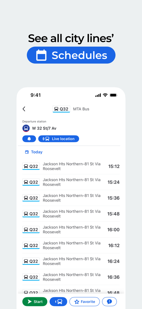 Moovit mobile app interface displaying real-time bus schedules and departure times for a city line.