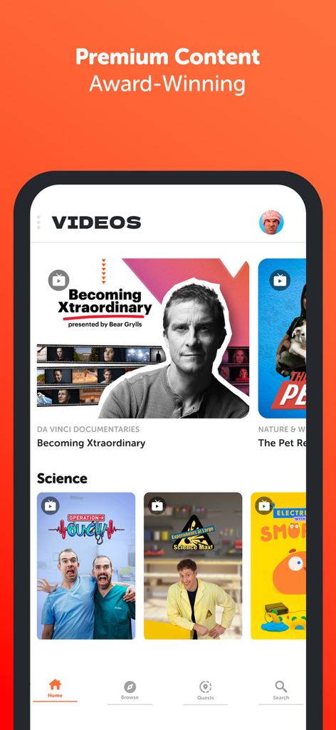 Interface de l'application Da Vinci montrant des documentaires éducatifs et des vidéos scientifiques pour enfants