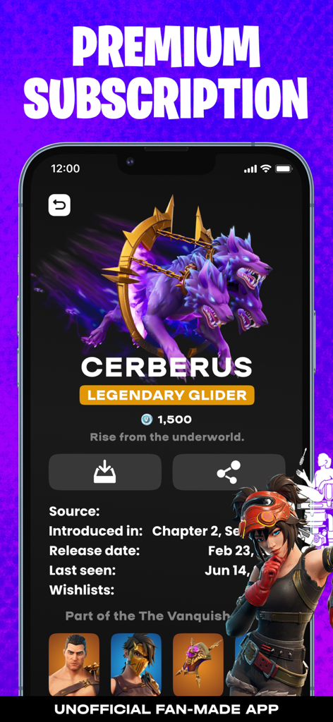 Skins Battle Royale app interface showing the legendary Cerberus glider and premium subscription banner
