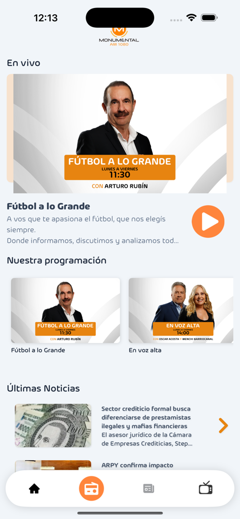 Home screen of Monumental AM 1080 app featuring a live sports broadcast and local Paraguayan news articles