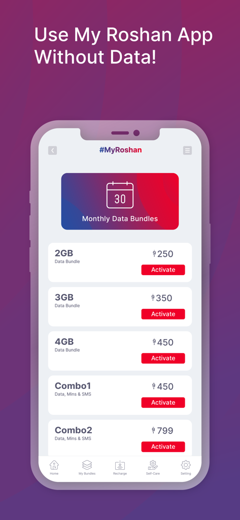 My Roshan - A mobile screenshot of the My Roshan app displaying various monthly data bundle plans with prices and activation buttons.
